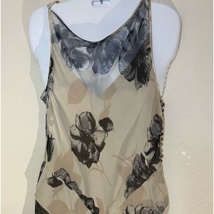 Carmen Marc Valvo Beige Sheer Floral Slip Dress with Black Flowers
